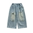 thumbnail image 1 of LIIPEE Girl Boy Ripped Jean Pants Baggy Elastic Waist Straight Wide Leg Distressed Denim Trousers With Pockets Newborn Breathable Daily Pants,Blue,12-24 Months, 1 of 5