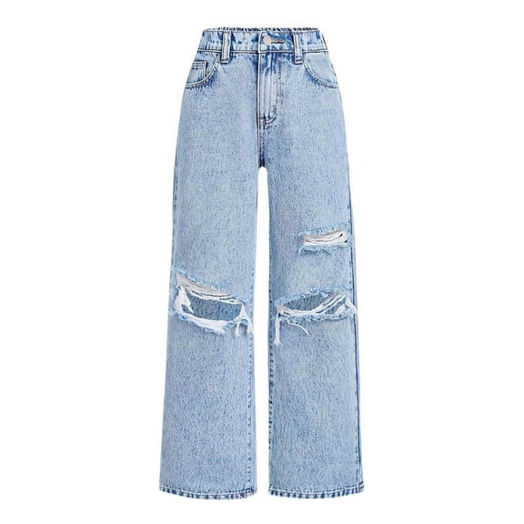 LIIPEE Girl Boy Ripped Jean Pants Baggy Straight Wide Leg Distressed Denim Trousers With Pockets Child Breathable School Stretch Street Outdoor Hiking Pants,Light Blue,6-7 Years