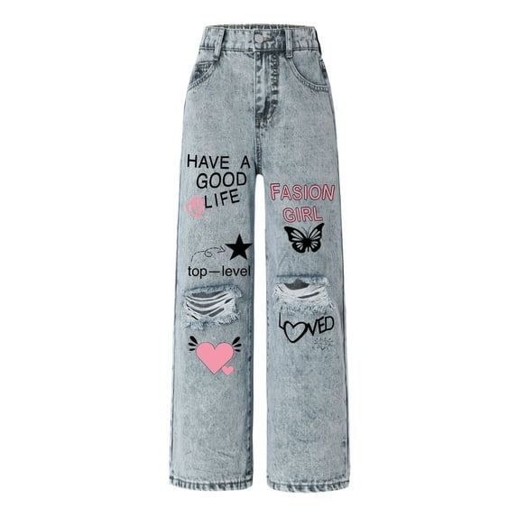 LIIPEE Girl Boy Ripped Jean Pants Cartoon Letter Graphic Printed Baggy Straight Wide Leg Distressed Denim Trousers With Pockets Girls Classic Daily Pants,Blue,12-14 Years