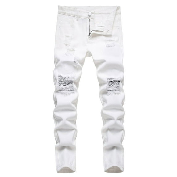 LIIPEE Girl Boy Ripped Jean Pants Solid Color Stretch Straight Distressed Denim Trousers With Pockets Girls Breathable Daily Stretch Street Outdoor Hiking Pants,White,5-6 Years