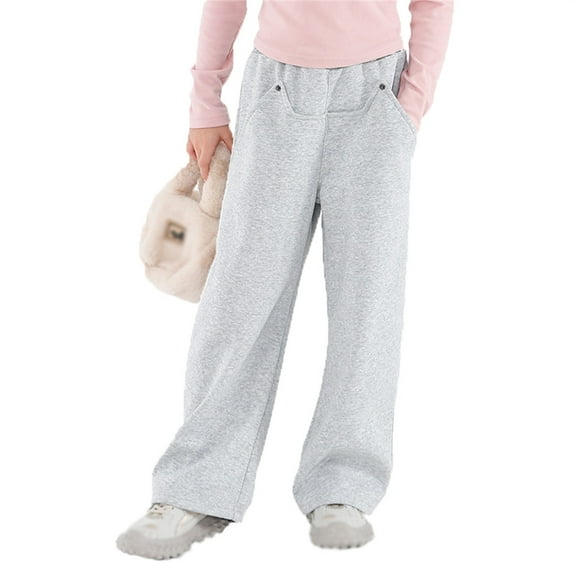 LIIPEE Girl Boy Sweatpants Solid Color Stretch Elastic Waist Straight Wide Leg Trousers With Pockets Kids Stylish Vacation Stretch Street Outdoor Hiking Pants,Grey,6-7 Years