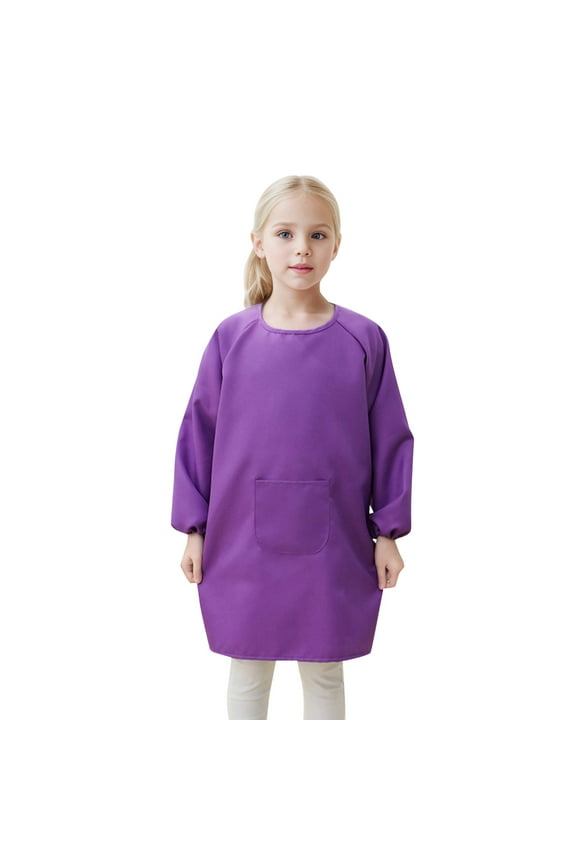 Girls Art Smock Solid Color Long Sleeve Round Neck Drawing Painting Aprons With Pocket Leisure Indoor Outdoor Wear Baby Artist Smock,Purple,2-4 Years