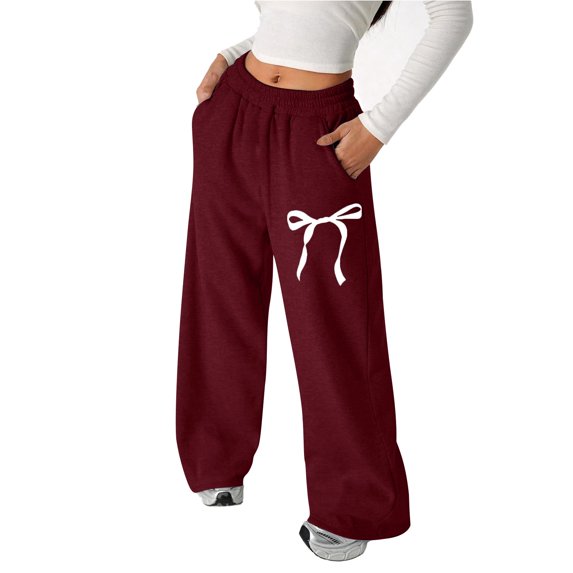 LIIPEE Girls Athletic Pants Cartoon Bowknot Printed Stretch Elastic Waist Baggy Straight Wide Leg Sweatpants Trousers With Pockets Child Casual Daily Pants,Wine,8-9 Years