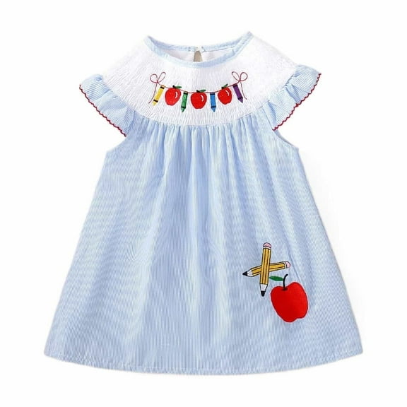 LIIPEE Girls Back To School Dresses Cartoon Embroidery Short Sleeve Round Neck Striped Sundress Infant Versatile Daily Dress,Blue,12-18 Months