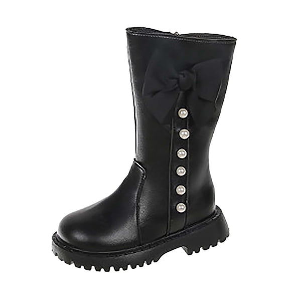LIIPEE Girls Boots Warm Closed Toe Non- Zip Up Bowknot Knee High Shoes Kids Classic Indoor Outdoor Wear Boot,Black,2-2.5 Years