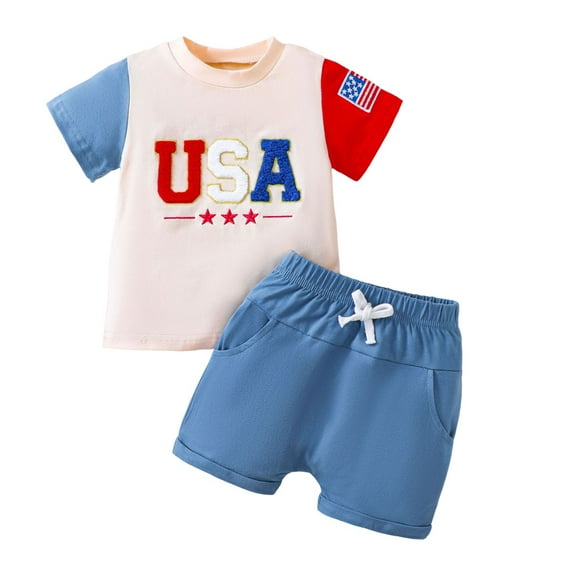LIIPEE Girls Boys 4Th Of July Outfits Summer Cute Independence Day Letter Embroidery Round Neck Short Sleeve Tshirts Solid Color Drawstring Shorts Set Toddler Classic Outdoor Outfit,Beige,6-12 Months