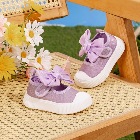 LIIPEE Girls Boys Athletic Sneakers Closed Toe Non- Canvas Shoes Bowknot Hook And Loop Strap Sport Shoes Child Versatile Vacation Athletic Sneaker,Dark Purple,12-15 Months