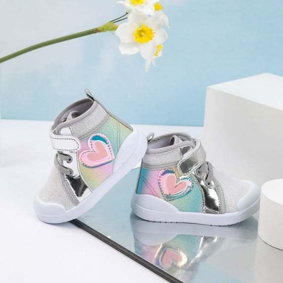 LIIPEE Girls Boys Athletic Sneakers Closed Toe Non- High Top Canvas Shoes Lace Up Hook And Loop Strap Sport Shoes Kids Stylish Birthday Athletic Sneaker,Silver,2-2.5 Years