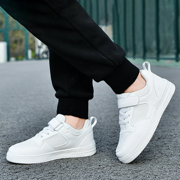 LIIPEE Girls Boys Athletic Sneakers Closed Toe Non- Mesh Lace Up Hook And Loop Strap Sport Shoes Classic Daily Athletic Sneaker,White,4.5-5 Years