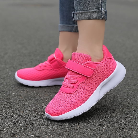 LIIPEE Girls Boys Athletic Sneakers Closed Toe Non- Mesh Lace Up Hook And Loop Strap Sport Shoes Toddler Versatile Daily Athletic Sneaker,Hot Pink,5-5.5 Years