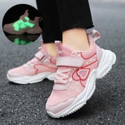 LIIPEE Girls Boys Athletic Sneakers Love Heart Printed Luminous Lace Up Hook And Loop Strap Running Shoes Kids Comfort School Athletic Sneaker,Pink,11-11.5 Years