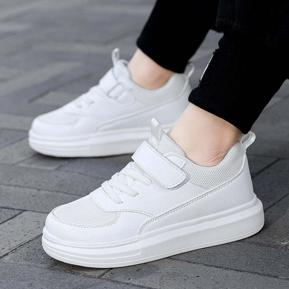 LIIPEE Girls Boys Athletic Sneakers Solid Color Closed Toe Non- Soft Sole Lace Up Hook And Loop Strap Sports Running Shoes Girl Leisure School Athletic Sneaker,White,30