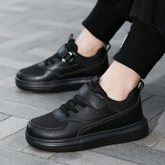 LIIPEE Girls Boys Athletic Sneakers Solid Color Closed Toe Non- Soft Sole Lace Up Hook And Loop Strap Sports Running Shoes Comfort Vacation Athletic Sneaker,Black,27