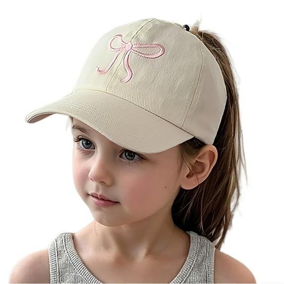 LIIPEE Girls Boys Baseball Cap Cartoon Bowknot Embroidery Wide Brim Visor Hat High Ponytail Hat Protection Caps Kids Trendy Vacation Hats,Beige,One Size