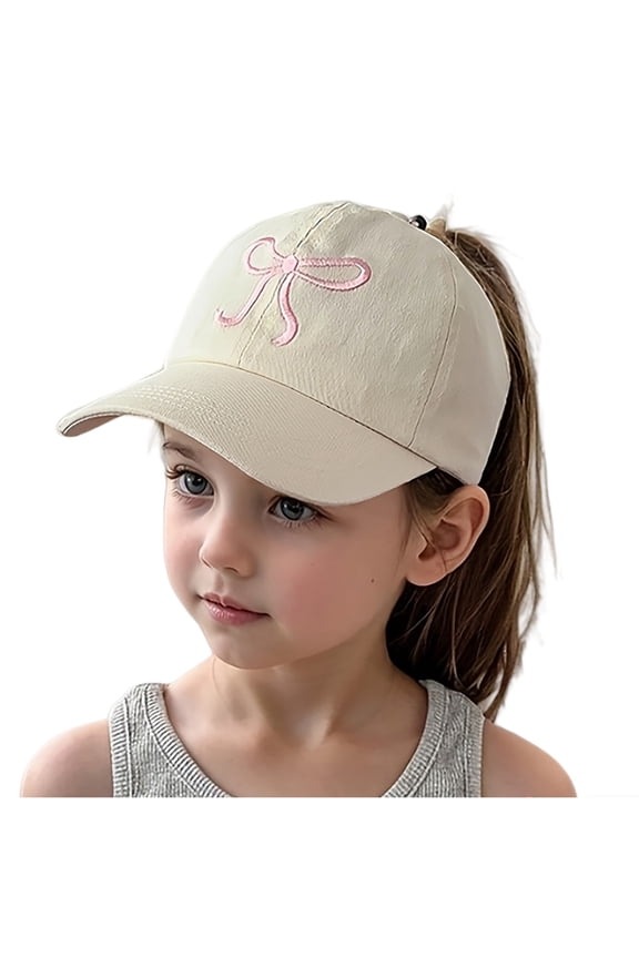Girls Boys Baseball Cap Cartoon Bowknot Embroidery Wide Brim Visor Hat High Ponytail Hat Protection Caps Kids Trendy Vacation Hats,Beige,One Size