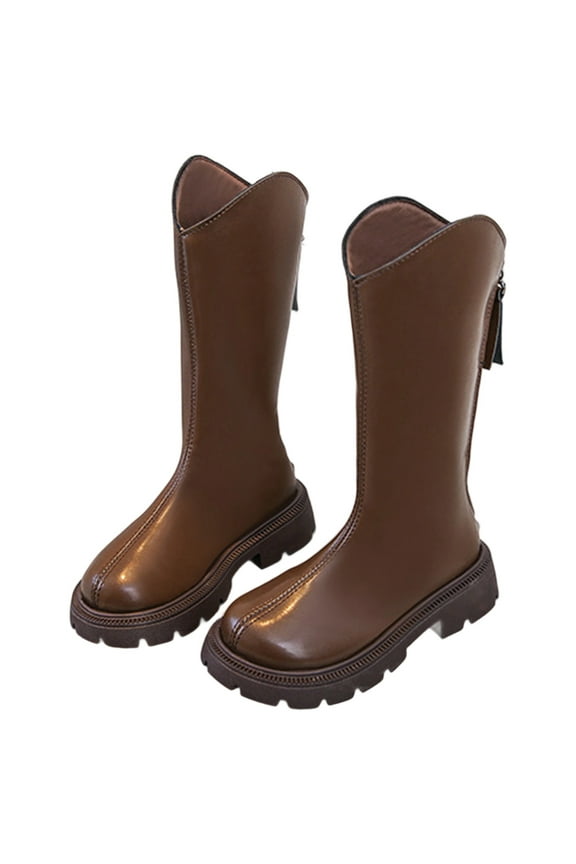 Girls Boys Boots Warm Solid Color Closed Toe Non- Knee-High Thick Sole Leather Shoes Kids Classic Holiday School Party Boot,Brown,5-5.5 Years