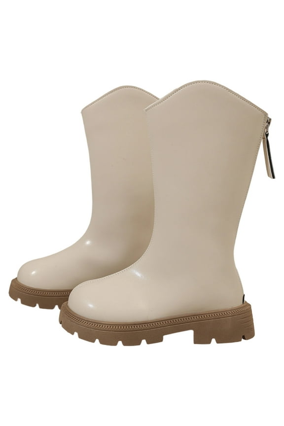 Girls Boys Boots Warm Solid Color Closed Toe Non- Knee-High Thick Sole Leather Shoes Kids Handsome Indoor Outdoor Wear Boot,Beige,5-5.5 Years