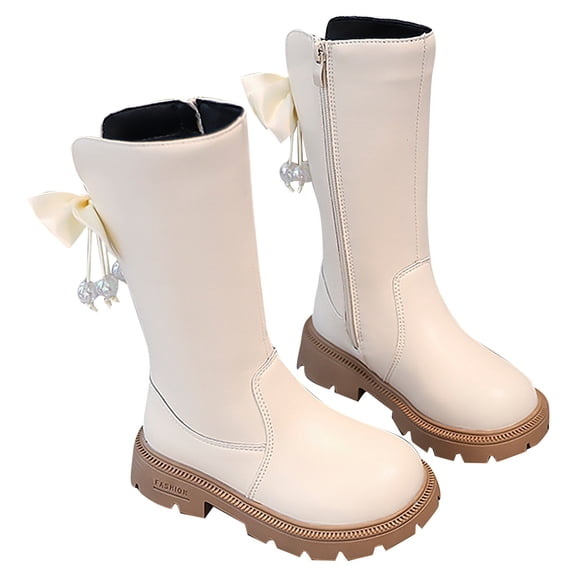 LIIPEE Girls Boys Boots Warm Solid Color Closed Toe Non- Thick Sole Knee-High Bowknot Princess Leather Shoes Kids Stylish Climbing Hiking Camping Cycling Boot,White,6.5-7 Years