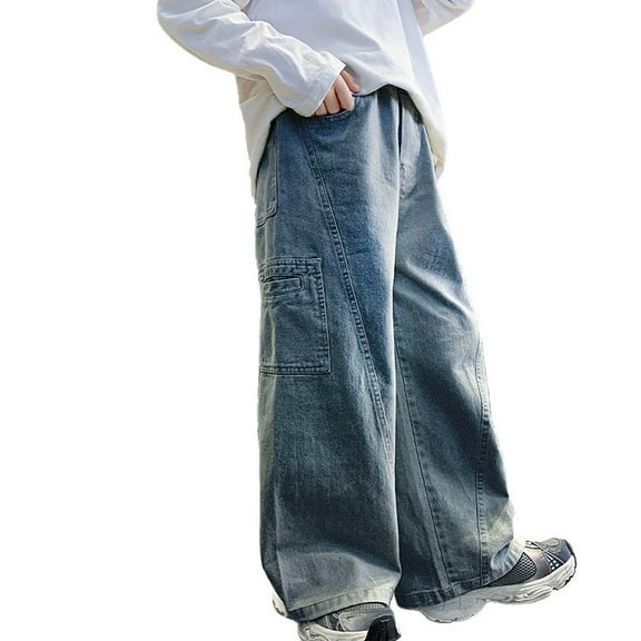 LIIPEE Girls Boys Cargo Jeans Pants Baggy Elastic Waist Straight Wide Leg Denim Pants Trousers With Pockets Newborn Trendy Hiking Pants,Blue,4-5 Years