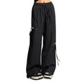 thumbnail image 1 of LIIPEE Girls Boys Cargo Pants Solid Color Elastic High Waist Drawstring Straight Wide Leg Distressed Pants Trousers With Pockets Kids Comfort Hiking Pants,Black,15-16 Years, 1 of 4