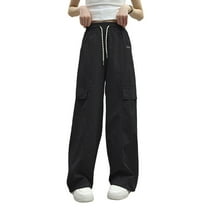 LIIPEE Girls Boys Cargo Pants Solid Color Elastic High Waist Drawstring Straight Wide Leg Work Joggers Trousers With Pockets Kids Stylish Climbing Hiking Camping Cycling Pants,Black,4-5 Years