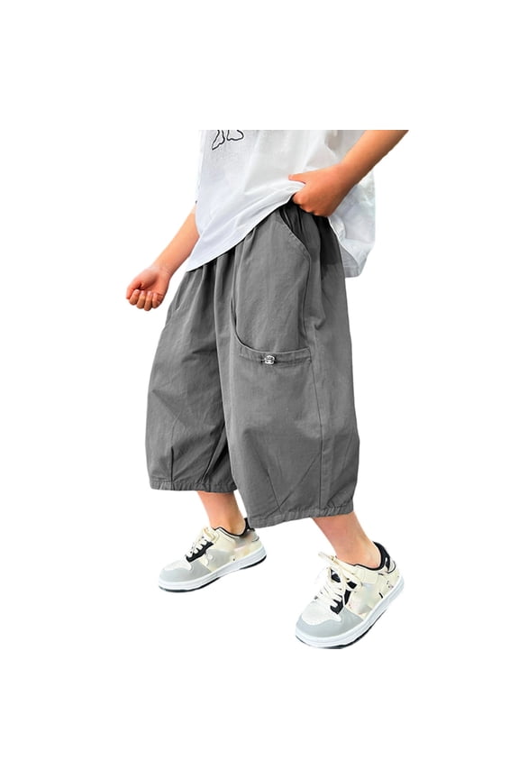 Girls Boys Casual Pants Solid Color Elastic Waist Wide Leg Capri Pants With Pockets Boys Breathable Camping Pants,Grey,10-11 Years