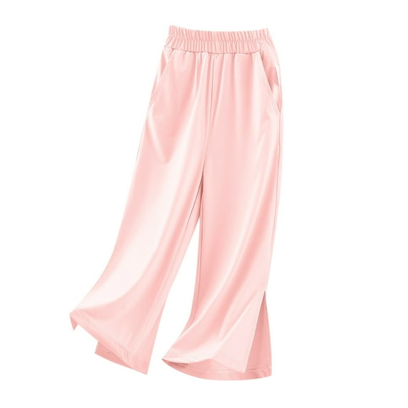 LIIPEE Girls Boys Casual Pants Summer Comfort Solid Color Stretch Elastic Waist Straight Wide Leg Pants With Pockets Girl Classic Outdoor Sports Pants,Red,6-7 Years