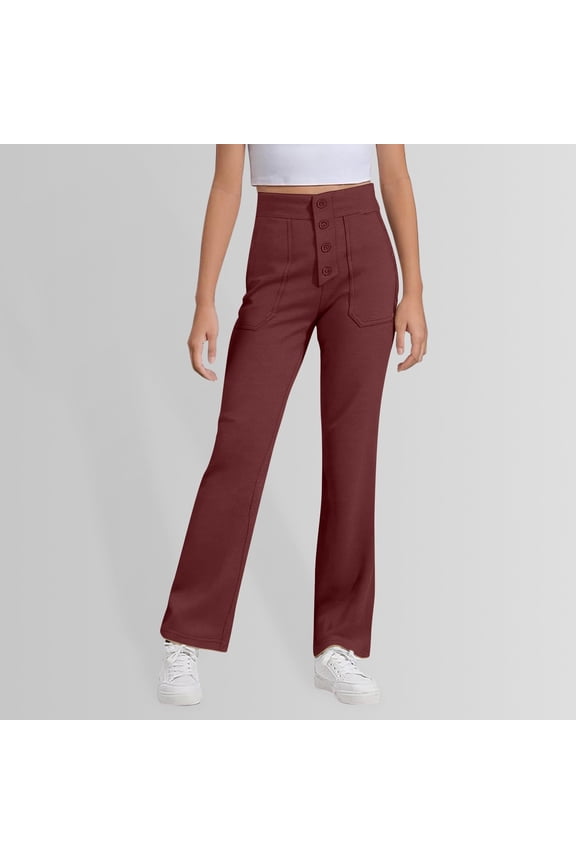Girls Boys Dress Pants Solid Color Stretch High Waisted Button Straight Trousers With Pockets Child Leisure School Uniform Pants,,9-10 Years