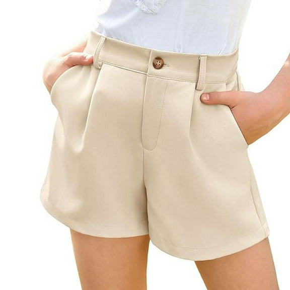 LIIPEE Girls Boys Dress Shorts Solid Color Stretch High Waist Wide Leg Uniform Shorts With Pockets Girls Versatile Fishing Shorts,Khaki,9-10 Years