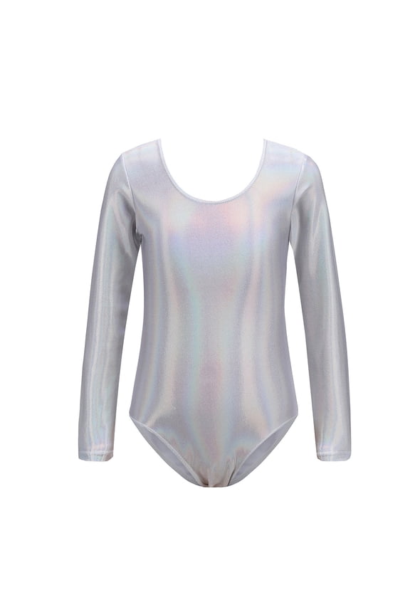 Girls Boys Gymnastics Leotards Spring Summer Long Sleeve Solid Color Ballet Yoga Shiny Dance Leotard Bodysuit Boys Cute Performance One-Pieces ,Silver,3-4 Years