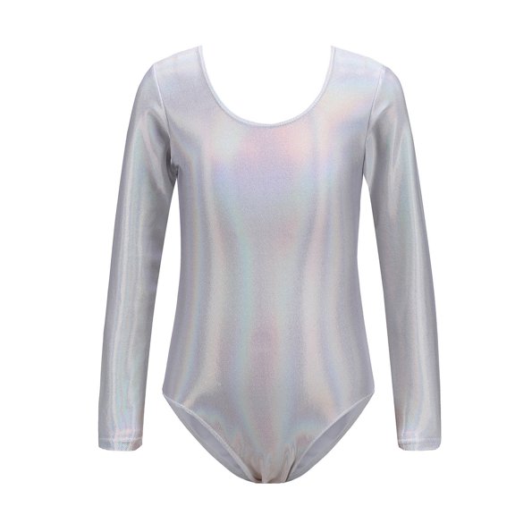 LIIPEE Girls Boys Gymnastics Leotards Spring Summer Long Sleeve Solid Color Ballet Yoga Shiny Dance Leotard Bodysuit Boys Cute Performance One-Pieces ,Silver,3-4 Years