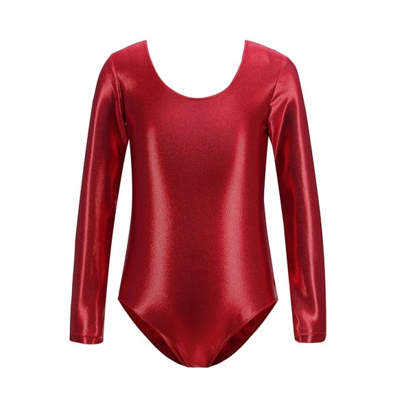 LIIPEE Girls Boys Gymnastics Leotards Spring Summer Long Sleeve Solid Color Ballet Yoga Shiny Dance Leotard Bodysuit Cute Performance One-Pieces ,Red,5-6 Years
