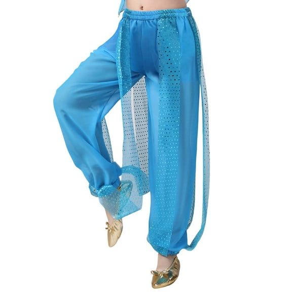 LIIPEE Girls Boys Harem Pants Solid Color Sequins Trim Stretch Elastic Waist Lantern Dance Pants Trousers Girls Breathable Hiking Pants,Blue,5-6 Years