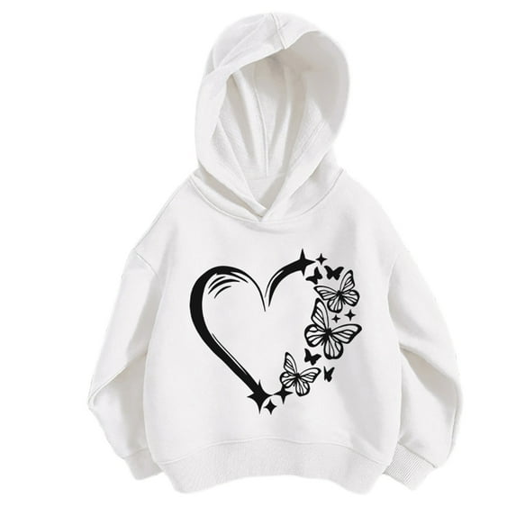 LIIPEE Girls Boys Hoodies Cartoon Love Heart Butterfly Printed Long Sleeve Pullover Hooded Sweatshirt Girls Leisure Party Sweatshirts,White,8-9 Years