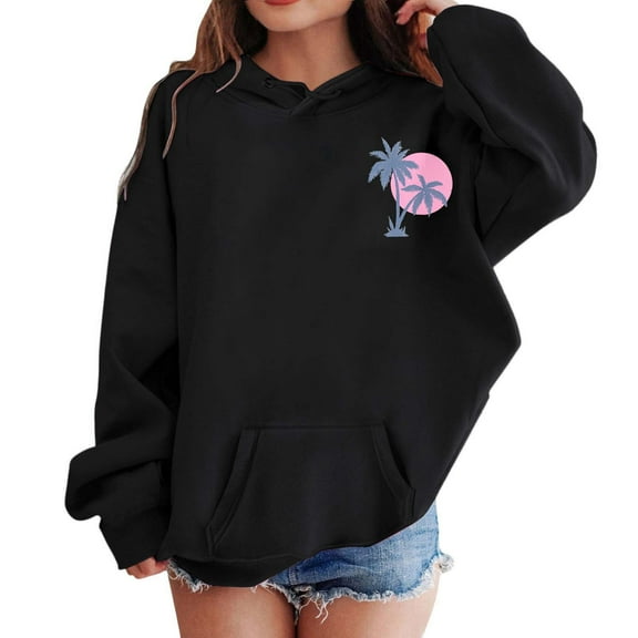 LIIPEE Girls Boys Hoodies Cartoon Tropical Printed Long Sleeve Hooded Pullover Sweatshirt With Pocket Kids Classic Festival Sweatshirt,Black,9-10 Years