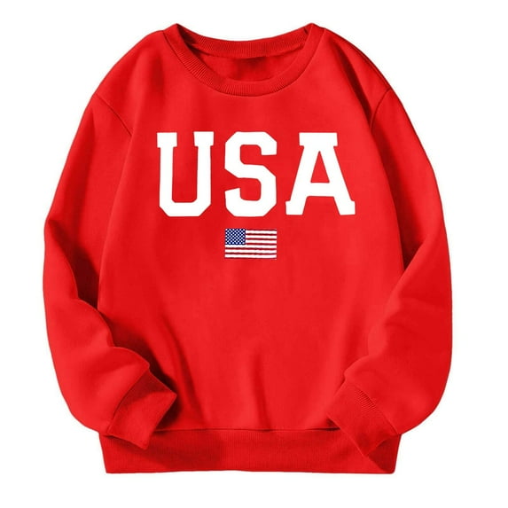 LIIPEE Girls Boys Hoodies Fall Winter Casual Long Sleeve Letter American Flag Printed Round Neck Pullover Hoodless Sweatshirt Child Versatile School Outdoor Hoodie,Watermelon Red,13-14 Years