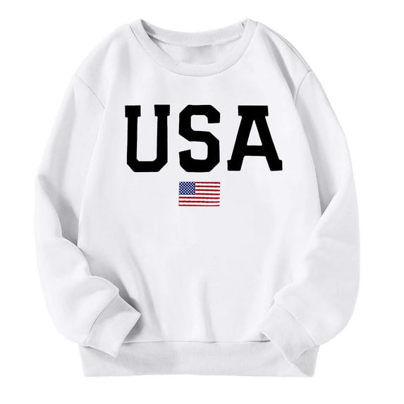 LIIPEE Girls Boys Hoodies Fall Winter Casual Long Sleeve Letter American Flag Printed Round Neck Pullover Hoodless Sweatshirt Girl Soft School Outdoor Play Casual Outings Hoodie,White,5-6 Years