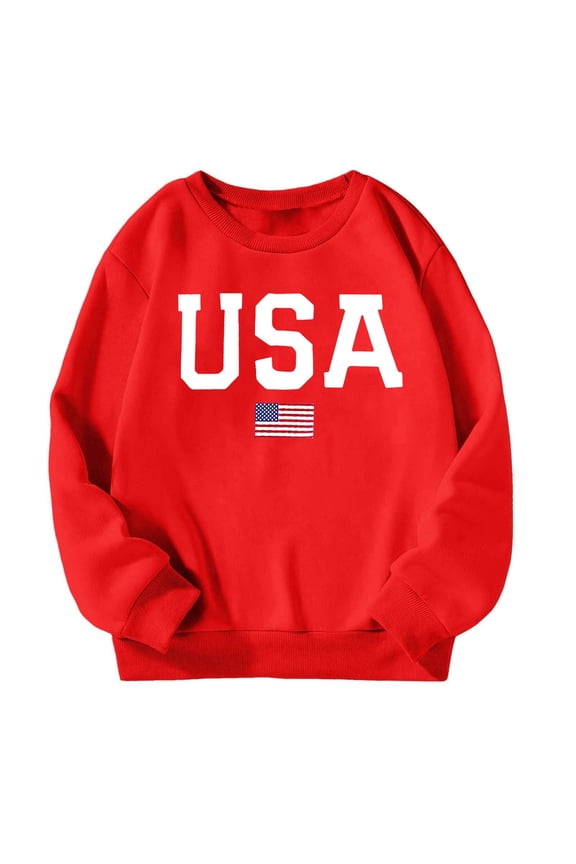 Girls Boys Hoodies Fall Winter Casual Long Sleeve Letter American Flag Printed Round Neck Pullover Hoodless Sweatshirt Kids Classic School Outdoor Hoodie,Watermelon Red,3-4 Years