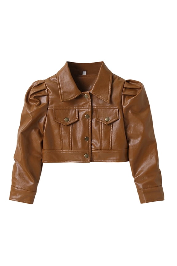 Girls Boys Jackets Solid Color Long Sleeve Turndown Collar Button Motorcycle Leather Crop Coats Kids Classic Indoor Outdoor Wear Jackets,Brown,6-7 Years