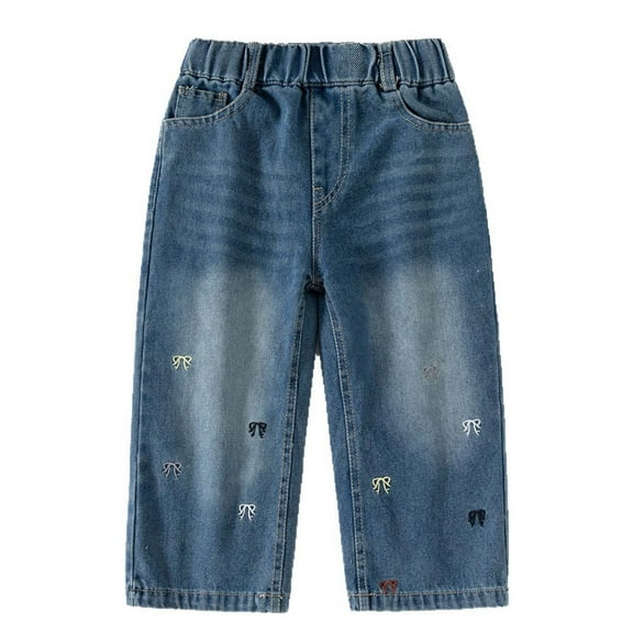 LIIPEE Girls Boys Jeans Pants Bowknot Embroidery Elastic Waisted Straight Wide Leg Denim Pants Trousers With Pockets Newborn Breathable Walking Pants,Dark Blue,3-4 Years