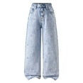 thumbnail image 1 of LIIPEE Girls Boys Jeans Pants Bowknot Embroidery Stretch High Waist Straight Wide Leg Denim Pants Trousers With Pockets Boys Trendy Vacation Pants,Blue,8-9 Years, 1 of 8