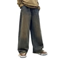 thumbnail image 1 of LIIPEE Girls Boys Jeans Pants Retro Baggy Elastic Waist Straight Wide Leg Denim Pants Trousers With Pockets Trendy Riding Pants,Army Green,4-5 Years, 1 of 9