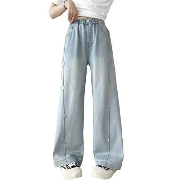 LIIPEE Girls Boys Jeans Pants Spring Autumn Fashionable Elastic Waist Straight Wide Leg Denim Pants With Pockets Girl Classic Outdoor Sports Pants,Light Blue,9-10 Years