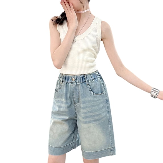 LIIPEE Girls Boys Jeans Shorts Elastic High Waist Wide Leg Denim Shorts With Pockets Girls Comfort Walking Shorts,Blue,11-12 Years