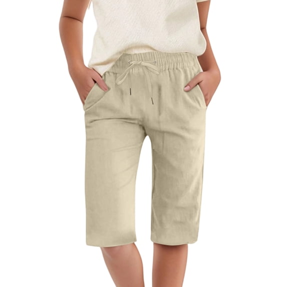 LIIPEE Girls Boys Linen Pants Summer Casual Solid Color Stretch Elastic Waist Drawstring Knee-Length Pants With Pockets Girl Classic Beach Pants,Beige,10-11 Years