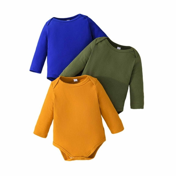 LIIPEE Girls Boys Onesie 3 Pack Solid Color Long Sleeve Round Neck Bodysuit Toddler Classic Casual Outings One-Pieces,Multicolour,3-6 Months
