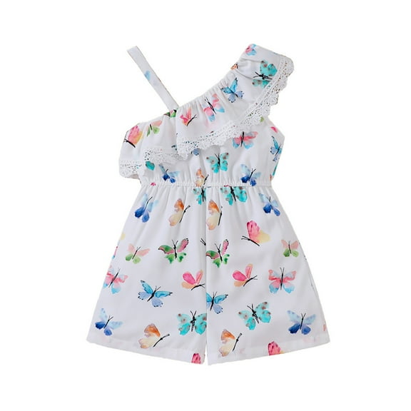 LIIPEE Girls Boys Onesie Cartoon Butterfly Printed Spaghetti Strap One-Shoulder Romper Lovely Vacation One-Pieces,White,3-4 Years