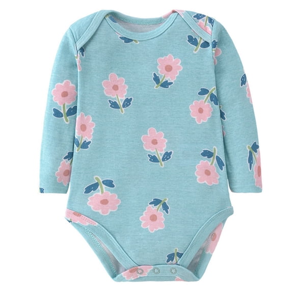LIIPEE Girls Boys Onesie Cartoon Flower Printed Long Sleeve Round Neck Bodysuit Baby Leisure Photoshoot One-Pieces,Light Blue,6-9 Months