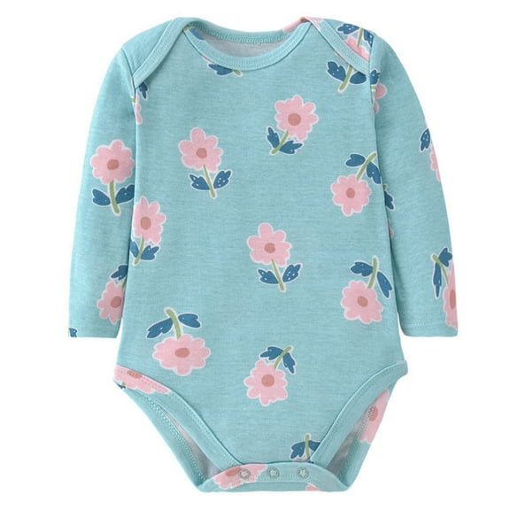 LIIPEE Girls Boys Onesie Cartoon Flower Printed Long Sleeve Round Neck Bodysuit Newborn Casual Daily One-Pieces,Light Blue,12-15 Months