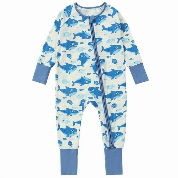 LIIPEE Girls Boys Onesie Cartoon Printed Long Sleeve Round Neck Zip Up Jumpsuit Infant Stylish Party One-Pieces,Light Blue,12M